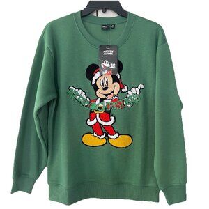 NWT Disney Mickey Sweatshirt Large Green Christmas Applique Embroidery Crewneck